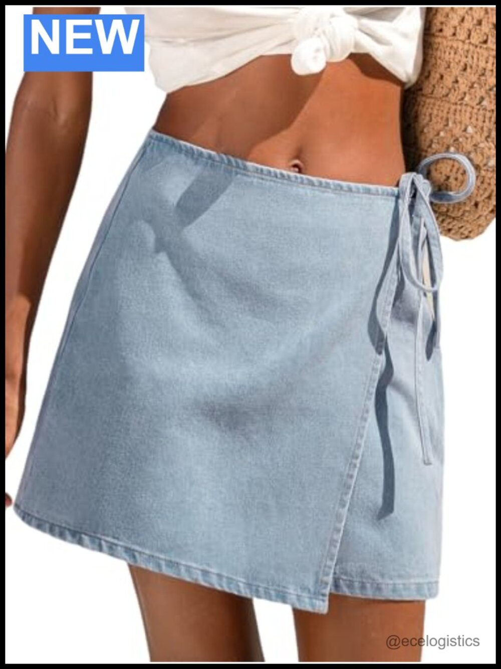 High Rise Denim Wrap Mini Skirt Tie Waist Cotton Blend Women's
